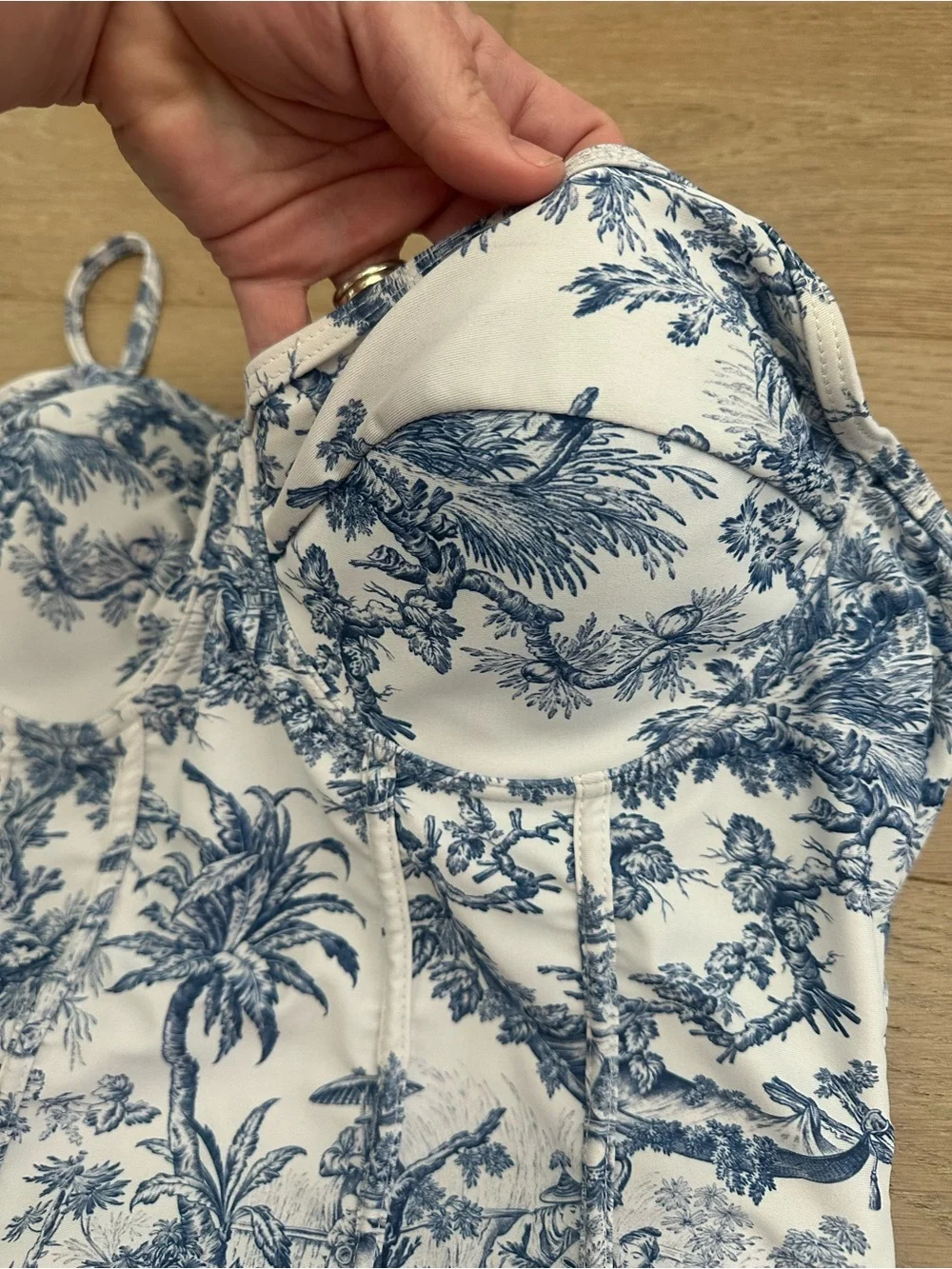 Blue & White Toile One Piece Swimsuit with Matching Sheer Sarong Cover-Up Set